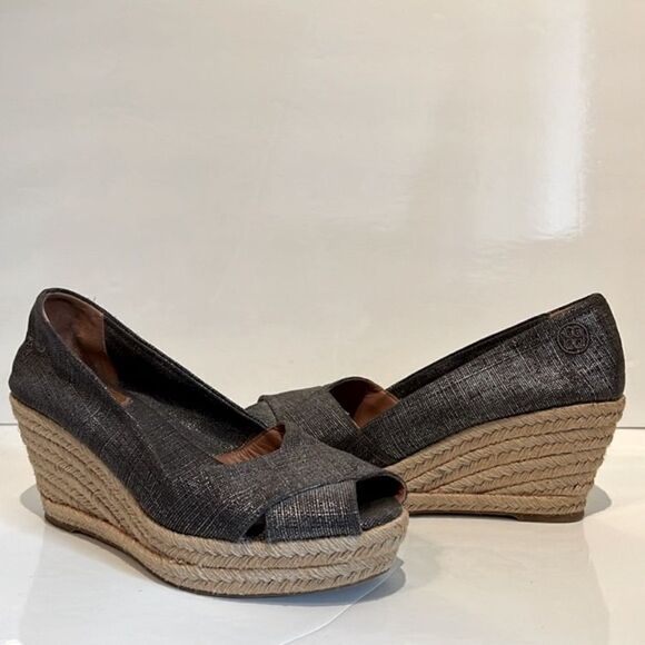Tory Burch Filipa Wedge Espadrille Metallic Grey Shoes Size 10.5 - Picture 2 of 11
